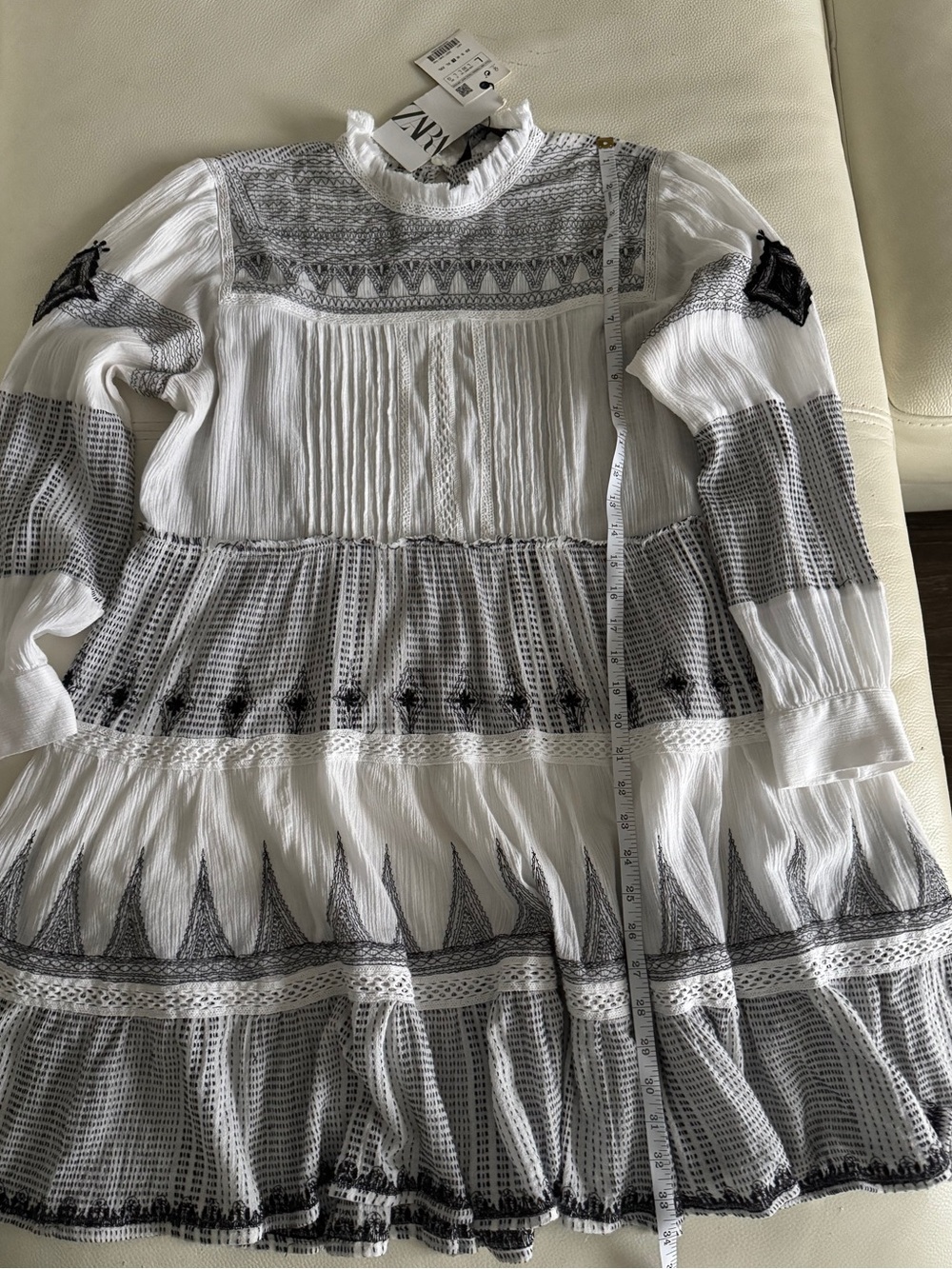 Zara Patterned Black and White Embroidered Tiered Mini Dress Long-Sleeve   L